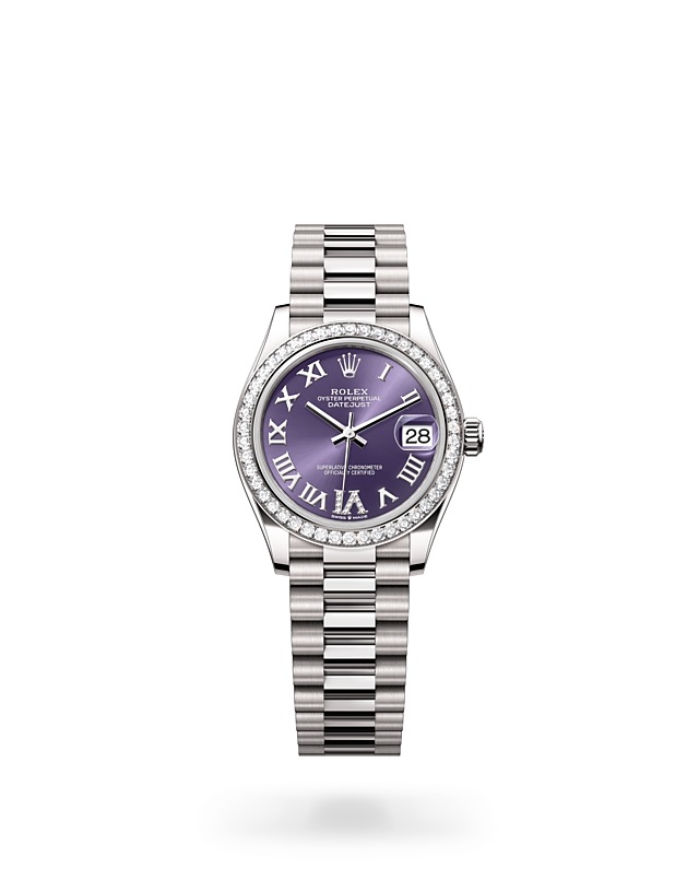 Rolex Datejust | 278289RBR | Datejust 31 | Coloured dial | Aubergine Dial | Diamond-set bezel | 18 ct white gold | M278289RBR-0019 | Women Watch | Rolex Official Retailer - Srichai Watch