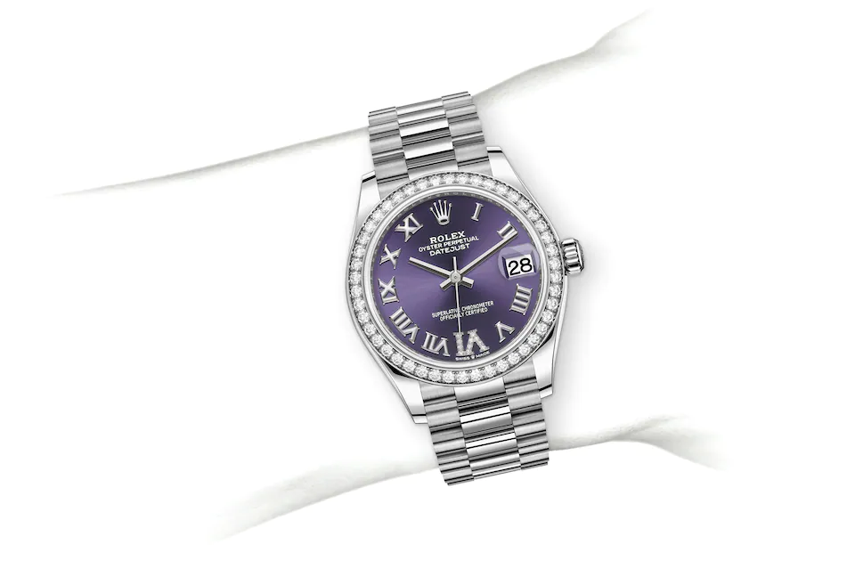 Rolex Datejust | 278289RBR | Datejust 31 | Coloured dial | Aubergine Dial | Diamond-set bezel | 18 ct white gold | M278289RBR-0019 | Women Watch | Rolex Official Retailer - Srichai Watch