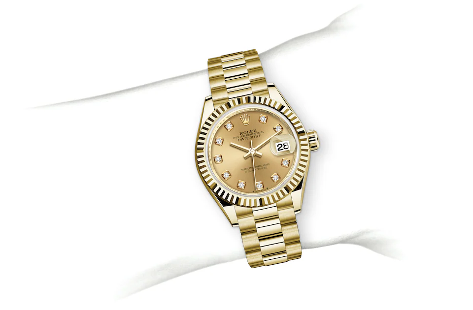 Rolex Lady-Datejust | 279178 | Lady-Datejust | Coloured dial | Champagne-colour dial | Fluted bezel | 18 ct yellow gold | M279178-0017 | Women Watch | Rolex Official Retailer - Srichai Watch
