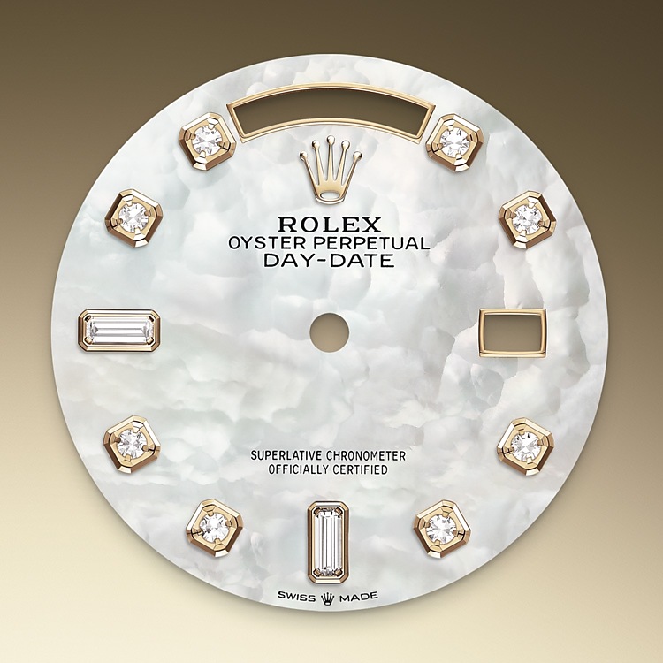 Rolex Day-Date | 128348RBR | Day-Date 36 | Light dial | Mother-of-Pearl Dial | Diamond-set bezel | 18 ct yellow gold | M128348RBR-0017 | Women Watch | Rolex Official Retailer - Srichai Watch