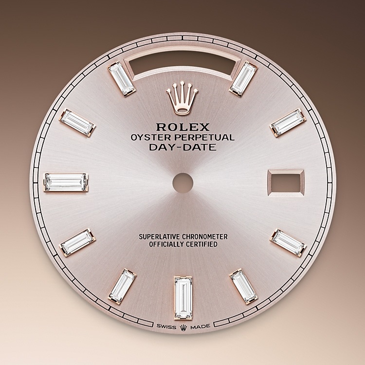 Rolex Day-Date | 228345RBR | Day-Date 40 | Light dial | Sundust Dial | Diamond-set bezel | 18 ct Everose gold | M228345RBR-0007 | Men Watch | Rolex Official Retailer - Srichai Watch